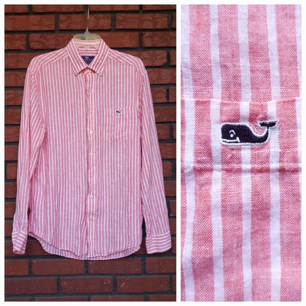 Vineyard Vines Tucker Shirt Mens M Red White Stripe 100% Linen Button Down